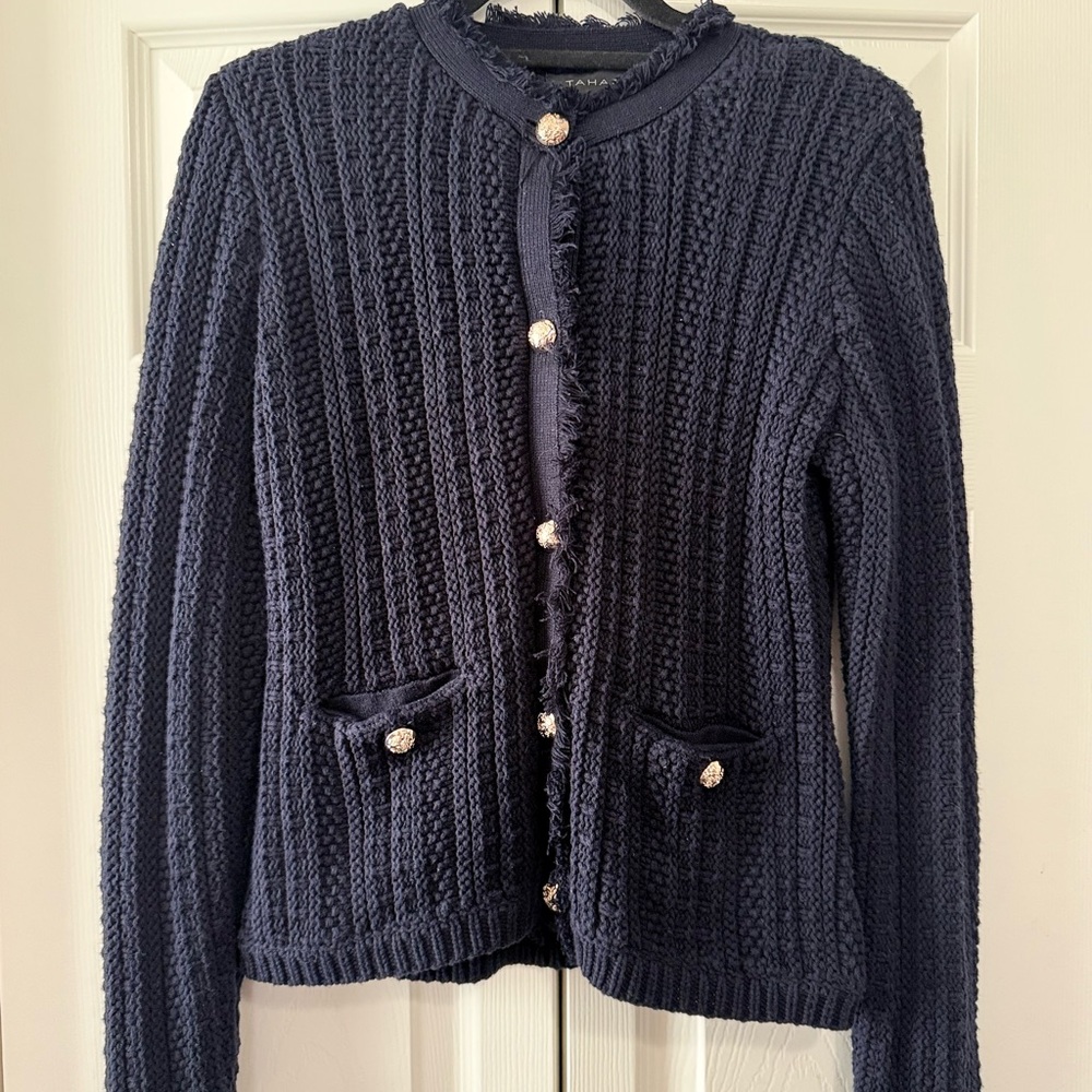 Tahari Navy Textured Knit Cardigan Sweater Jacket Sz Small